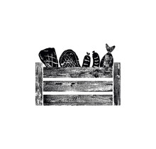 Wooden Box With Meat And Fish. Grunge Silhouette Of Crate. Can Be Yused Like Icon, Logo Or Other Design Element In Your Works. Vector Illustration.