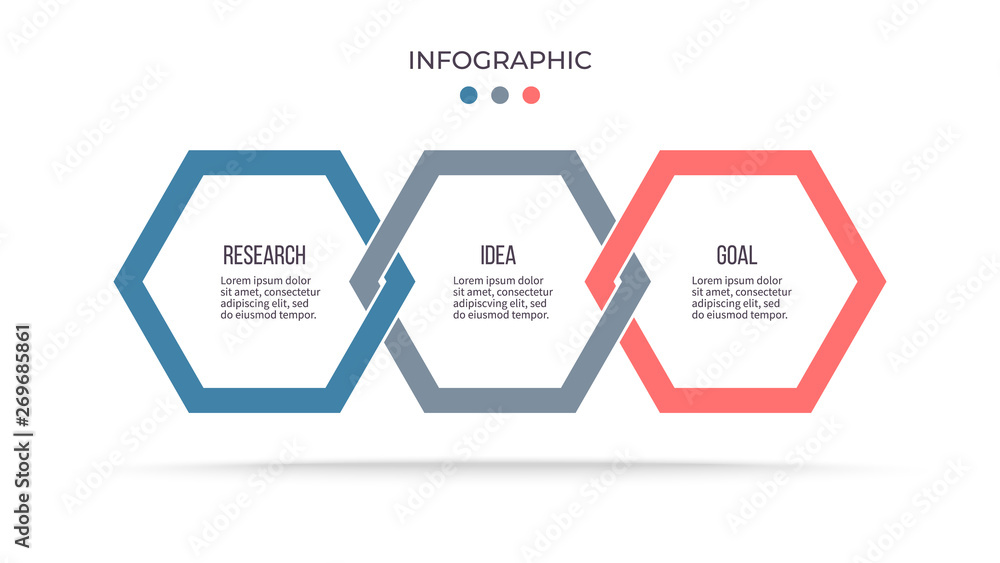 Business process. Infographic with 3 steps, options, hexagons. Vector template. - obrazy, fototapety, plakaty 