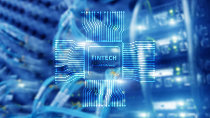 Wall Mural - Fintech icon on abstract financial technology background. Cpu icon on server room data center blurred background.