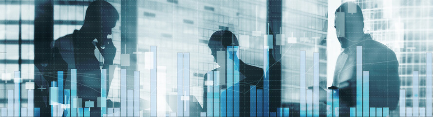 Poster - Website Header Banner Panorama. Three businessmen sign a contract. Stock Market Graph and Bar Candlestick Chart.