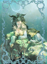 Original Digital Illustration Of A Beautiful, Elegant Capricorn Zodiac As A Goat Woman Creature  With A Moon Symbol Between Her Horns 