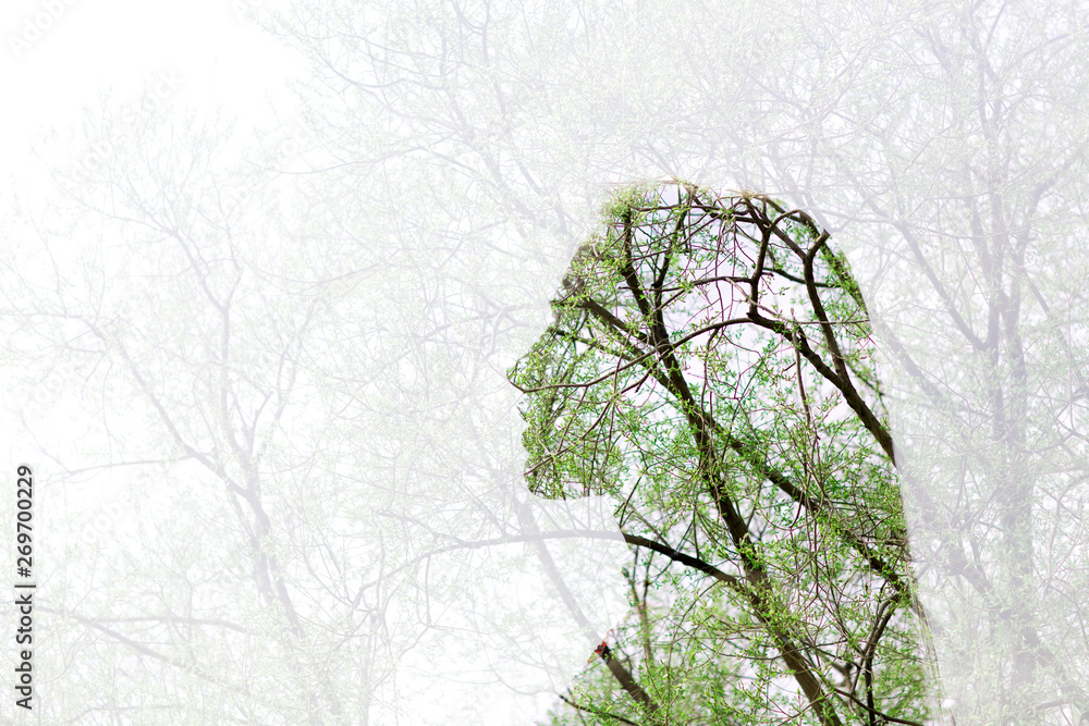 Silhouette of a young woman with summer green tree in her head ...