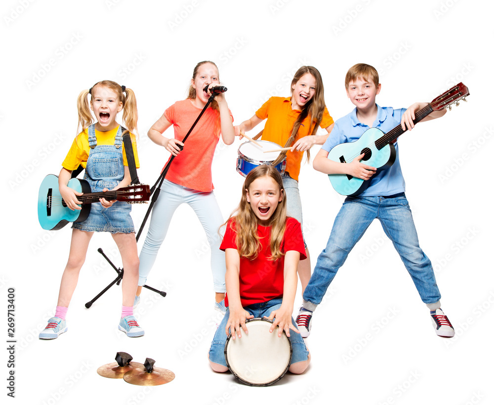 Children Group Playing on Music Instruments, Kids Musical Band over White  Background Stock Photo | Adobe Stock, image size:1000x819