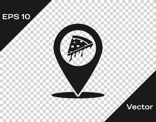 Poster - Grey Map pointer with fast food slice pizza icon isolated on transparent background. Pizzeria location icon. Pizza cafe and restaurant marker. Vector Illustration