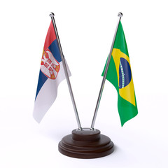 Serbia and Brazil, two table flags isolated on white background. 3d image