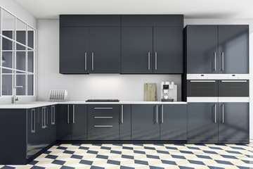 White kitchen interior with gray countertops