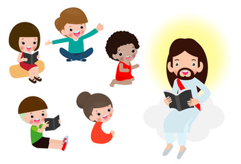 Jesus reading the Bible with Children.Jesus preaching to a group of kids. isolated on white background vector illustration