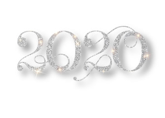 Wall Mural - happy new year 2020 greeting card with silver numbers and confetti frame on white background. vector