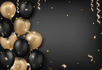 Celebrations background with black and golden balloons, serpentine, confetti, sparkles.Template for banner, greeting card or sales. Vector illustrations.