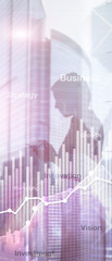 Wall Mural - Vertical Panorama Banner. Business abstract background double exposure graph, chart and diagram. World wide map and. Global business and financial trading concept.