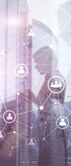 Wall Mural - vertical panorama banner. double exposure people network structureюю hr - human resources management