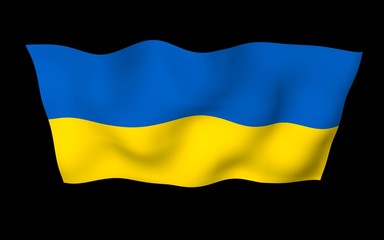 The flag of Ukraine on a dark background. National flag and state ensign. Blue and yellow bicolour. 3D illustration waving flag