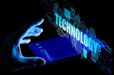 Poster - business hand touching the future of UI all technology and virtual screen smart phone concept.data science trend.