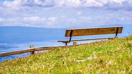 Wall Mural - Wooden bench and vista point overlooking south San Francisco bay area and San Jose, California