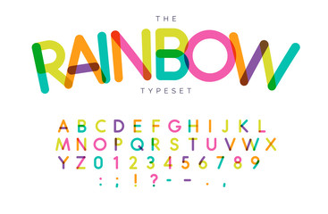 Poster - Rainbow letters and numbers set. Festival style vector latin alphabet. Font for events, birthday, kids promotions, festival logos, banner, monogram and poster. Typography design.
