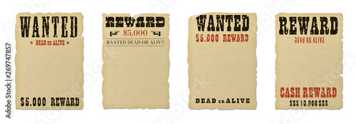 Fotomural Wanted dead or alive blank poster template with grunge textured typography and ripped vintage faded yellow paper isolated on white background