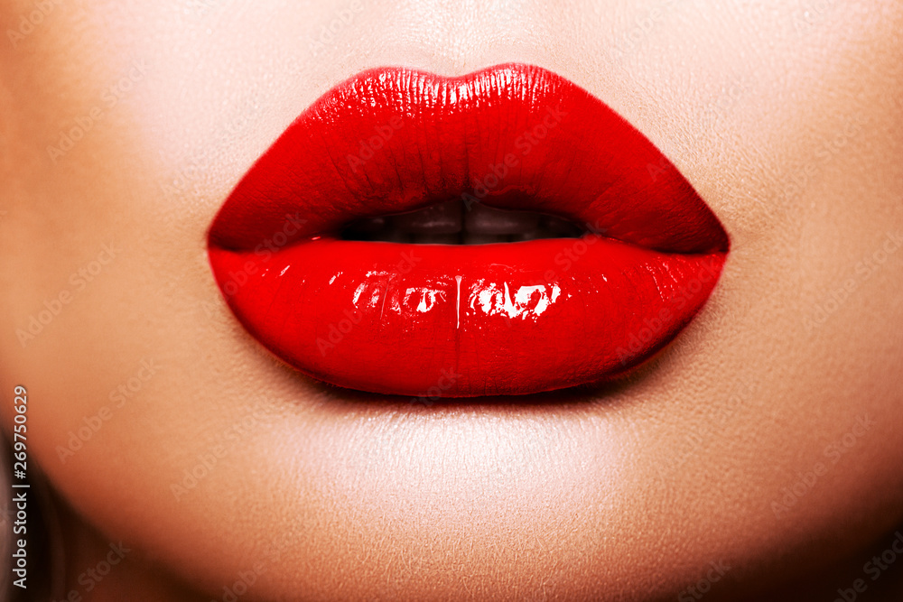 sexy red lips close up. Beautiful  Perfect Makeup. Beautiful red  Lip Gloss. Cosmetic.mouth open, big lips.  Cosmetic beauty procedures.  - image     - obrazy, fototapety, plakaty 