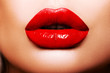 Leinwandbild Motiv Sexy Red Lips close up. Beautiful  Perfect Makeup. Beautiful red Lip Gloss. Cosmetic.mouth open, big lips. Cosmetic beauty procedures.  - image        