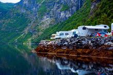 Geiranger Fjord, Norway. Family Vacation Travel RV, Holiday Trip In Motorhome, Caravan Car Vacation.