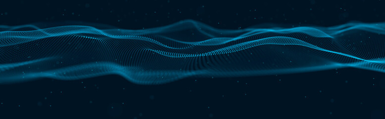 Fototapete - Musical wave of particles. Sound structural connections. Abstract background with a wave of luminous particles. Wave 3d