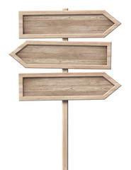 Wall Mural - Simple wooden tripple direction arrow signpost roadsign made of natural wood with single pole and bright frame