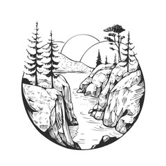 Wild natural landscape with mountains, lake, pines, rocks. Hand drawn illustration converted to vector.