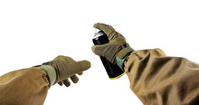 Isolated Graffiti Tagger Hands In Gloves Holding Paint Spray Can First Person View.