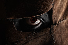 Horror Photo Of  Evil Psycho Resial Murderer Eye In Leather Mask.