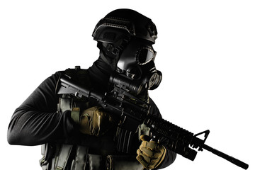 Wall Mural - Isolated warrior soldier in gas mask and rifle profile standing.