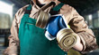 Worker in green overall outfit with respirator.