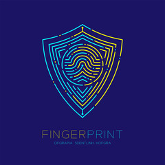 Wall Mural - Shield shape pattern Fingerprint scan logo icon dash line, Security privacy concept, Editable stroke illustration blue and yellow isolated on blue background with Fingerprint text and space, vector