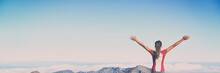 Winning Success Banner Woman Reaching Summit Goal With Arms Up In The Air Panorama. Blue Sky Background. Girl Living Her Life To The Fullest Fulfilling Her Dreams - Bucket List Concept.