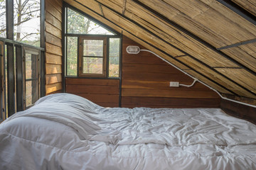 White Bed and Work Table in Country Loft Interior Design Room Floor 3