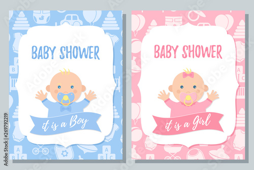 Baby Shower Card Vector Baby Boy Girl Invite Design Pink Blue