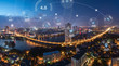 Digital network connection lines of Hanoi city, Vietnam. Smart city in technology concept. Skyscraper and high-rise buildings. Aerial view at night