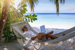 © moofushi - Arbeiten im Urlaub: Mann mit Laptop auf Hängematte am tropischen Strand unter Palmen
