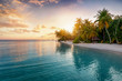 Sonnenuntergang über einer einsamen, tropischen Insel mit Palmen und Hängematte am Strand