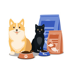 Pet Food Vector. Illustration Of Cartoon Happy Dog And Cat Sitting With Full Bowl Of Dry Food And Food Packages.
