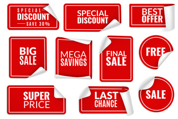red stickers curled. wrapped paper sticker set, price labels sale banners bent edge corner sheets. a