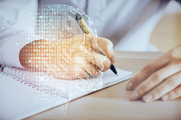 Man with multi exposure atificial intelligence brain icons.