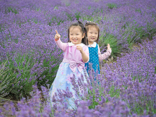 Two Chinese baby girls playing in lavender field in sunny summer day, beautiful young girl with lovely braid, happy children lifestyle.