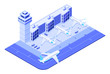 Isometric airport terminal. Jet airplane on runway, airplanes flight travel and traffic control tower 3d vector illustration