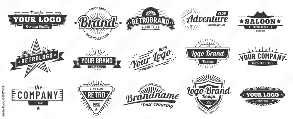 Retro badge. Old emblem, logo frame and vintage silhouette badges hipster design vector set - obrazy, fototapety, plakaty 
