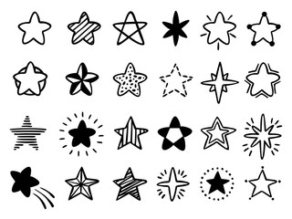 Wall Mural - hand drawn stars. doodle drawing star, starry sketch and favorites star icon isolated vector illustr