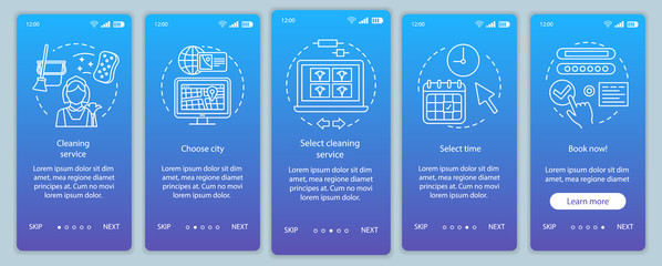 Cleaning service booking onboarding mobile app page screen vector template