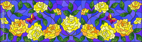 Dekoracja na wymiar  ilustracja-w-stylu-witrazu-z-kwiatami-motylami-i-liscmi-zoltej-rozy