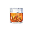 Glass of cognac, scotch or whiskey with ice isolated on white background. Hand drawn watercolor illustration. 