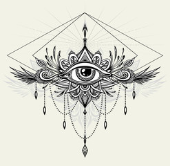 Wall Mural - Abstract symbol of All-seeing Eye in Boho  Indian Asian Ethnic style for tattoo black on white for decoration T-shirt or for coloring page or adult coloring book. Concept magic occultism Esoteric