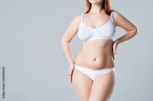 Cuadros en Lienzo Woman with fat flabby belly, overweight female body on gray background