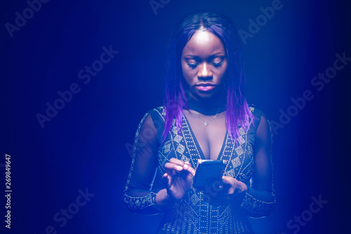 Black Girl Looking At The Phone Afro Woman In Neon Light Exotic